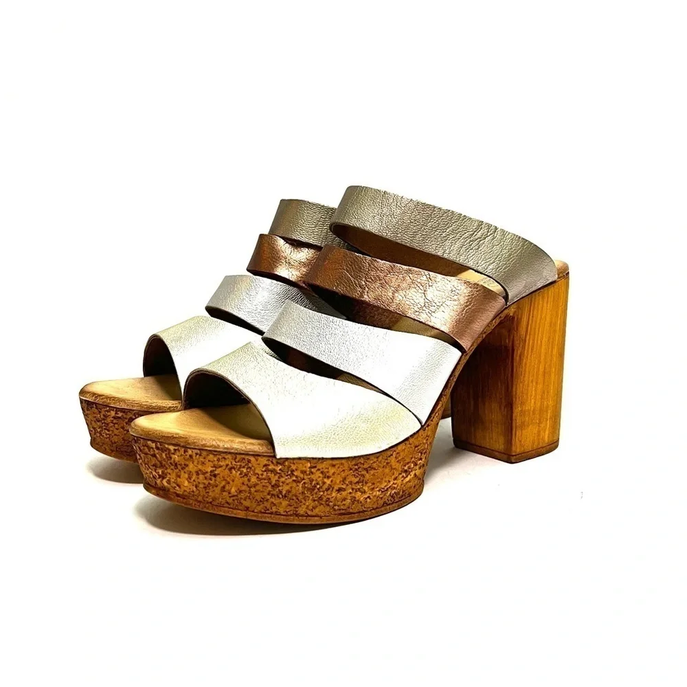 Vintage Y2K multicolor metallic leather strappy platform heels